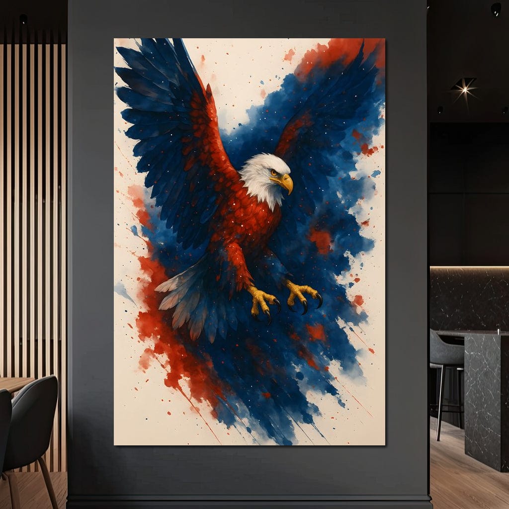 tablou canvas cu un vultur in culori patriotice de rosu, albastru si alb cu aripile desfacute pe fundal cu pete de culoare stil acuarela