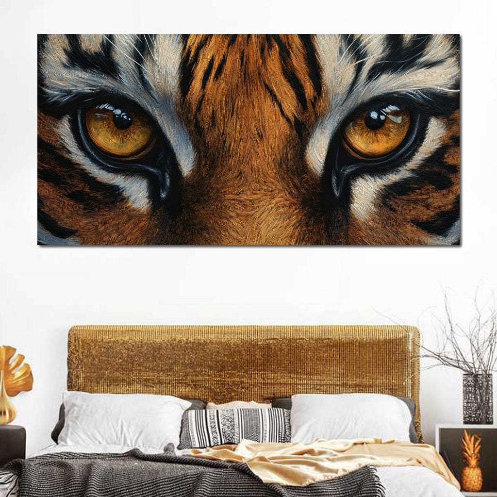 tablou canvas cu ochi de tigru, surprinsi intr-o privire hipnotica