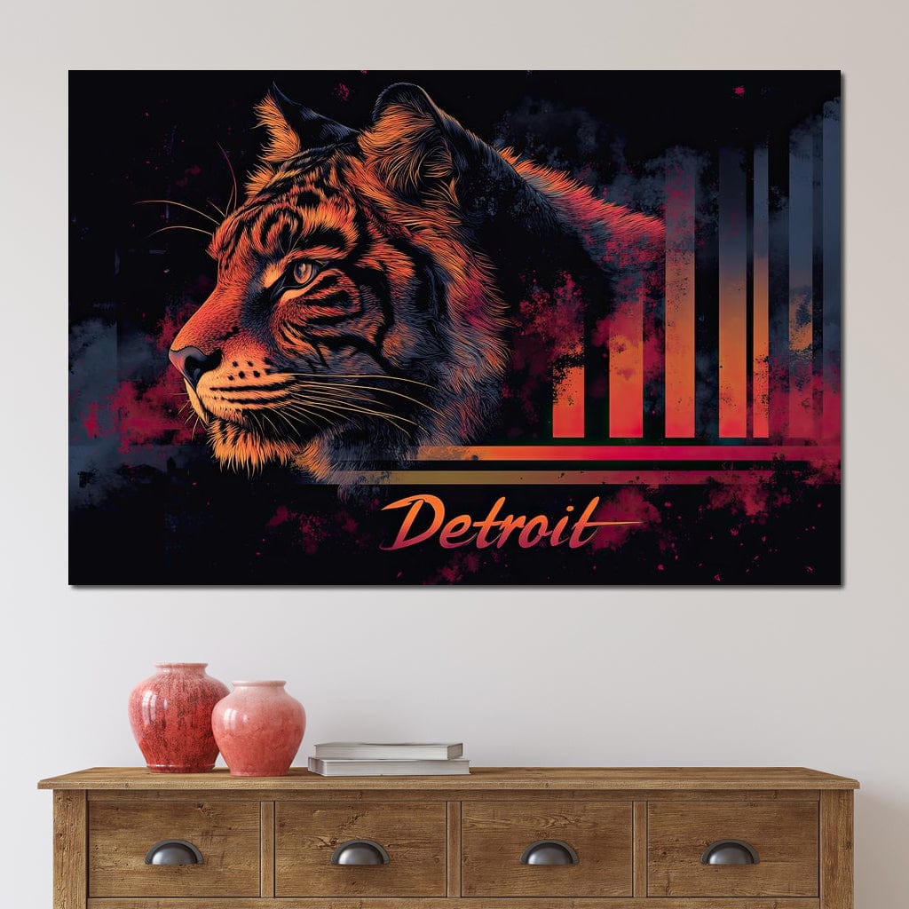 tablou canvas cu un tigru in culori electrice roz, albastru si portocaliu, cu accente urbane si moderne
