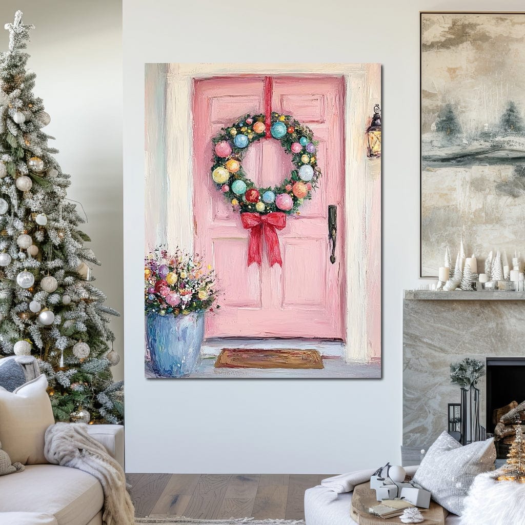 Tablou Canvas Premium LuxCanva® D1060, Bine ai Venit, Craciun , Coronita, Roz, Usa, Festiv, Craciun, Musafiri, Living Room, Culori vibrante