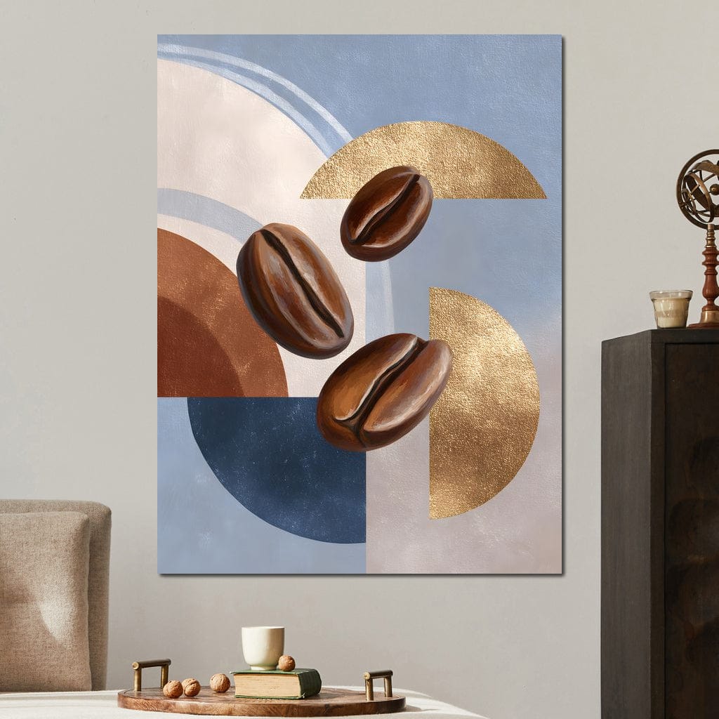 tablou canvas cu trei boabe de cafea pe fundal abstract in nuante reci de albastru in combinatie cu elemente calde, aurii si maro