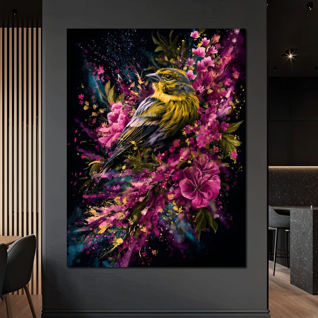 tablou canvas cu o pasare cu penaj viu colorat, pe o coroana cu flori roz, pe fundal negru