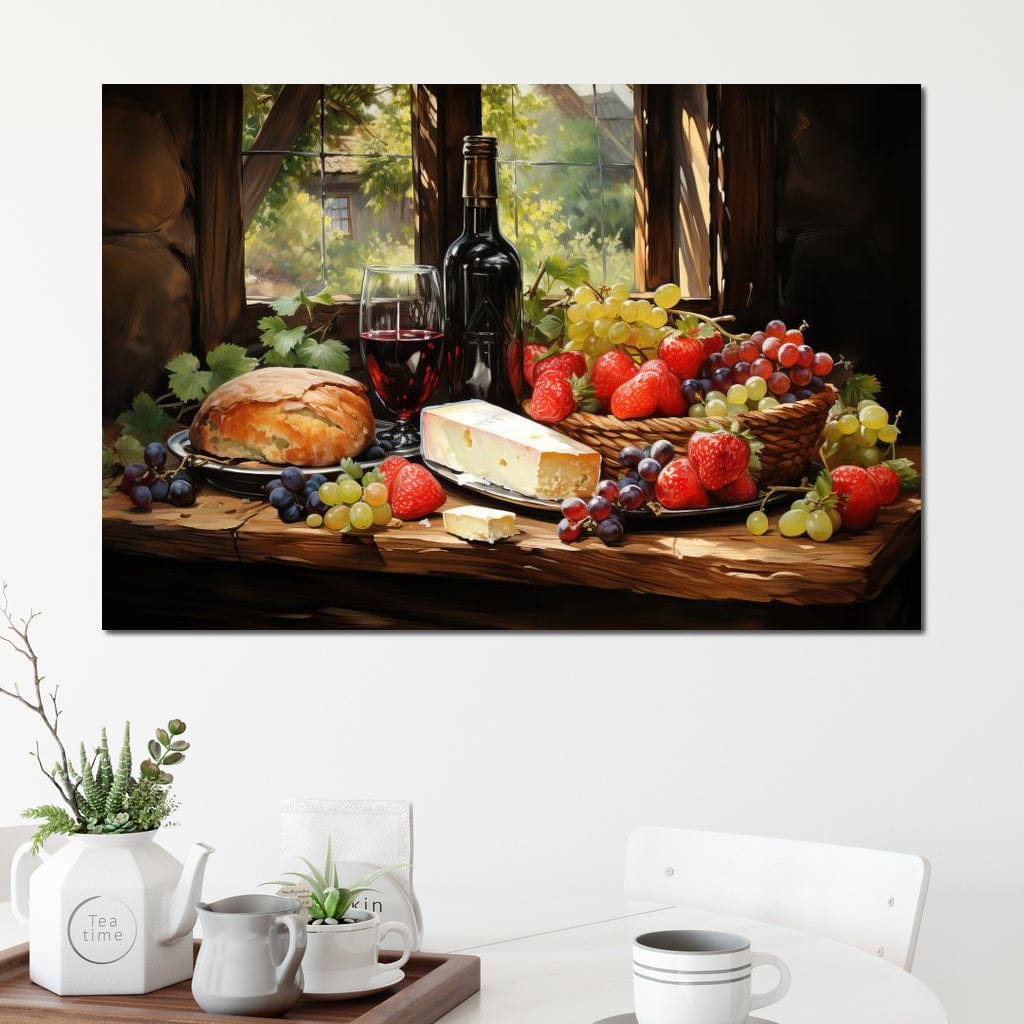 tablou canvas cu o sticla de vin, paine, branza si fructe asezate pe o masa de lemn, intr-o atmosfera rustica