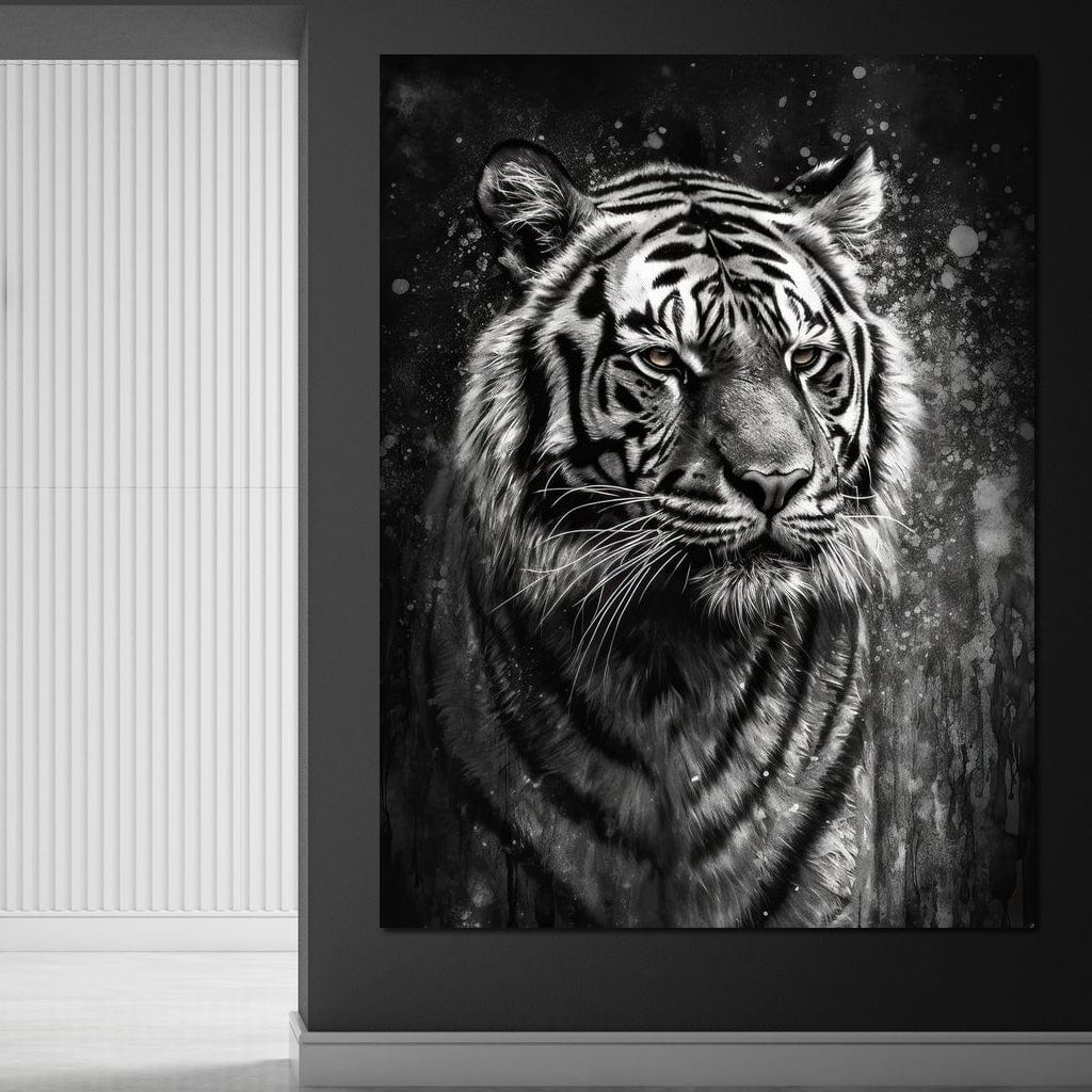 tablou canvas cu un tigru pictat in nuante de alb si negru, pe fundal abstract intunecat
