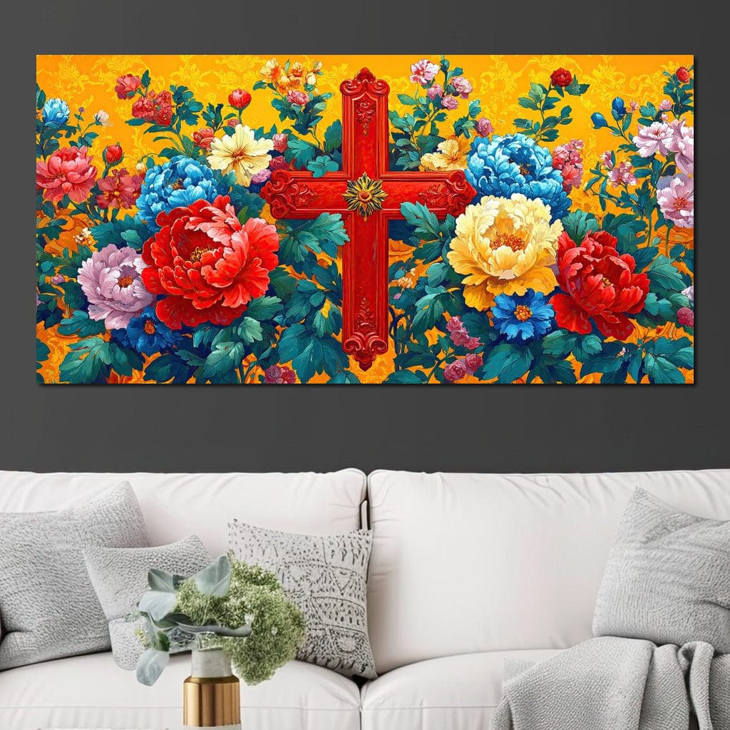 Tablou Canvas Premium LuxCanva® H1058, Credinta Vie, Credinta, Cruce, Flori, Gradina, Lumina, Rasarit, Speranta, Puritate, Spiritualitate, Simbol Sacru, Living, Dormitor