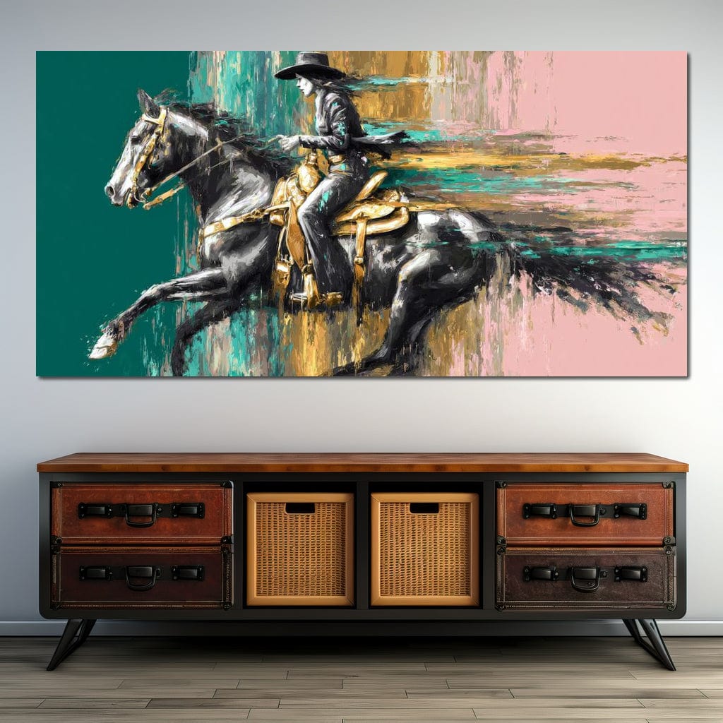 tablou canvas cu un calaret si un cal in galop, cu viteza pe fundal abstract pictat in culori calde si reci