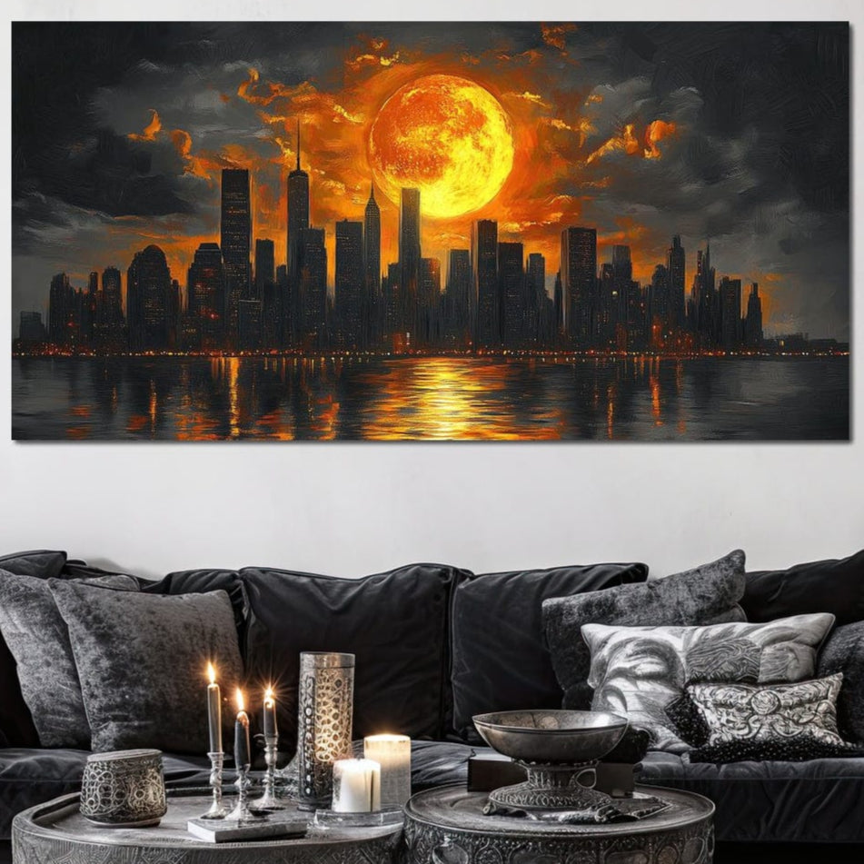 Tablou Canvas Premium, LuxCanva® O1015, Apus Deasupra Metropolei, Apus, Astru, Soare, Flacari, Oras, Cladiri, Zgarie Nori, Cosmic, Apocaliptic, Ancestral, Poveste, Calatorie, Birou, Living, Dormitor