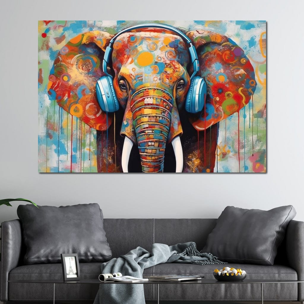 Tablou Canvas Premium, LuxCanva® M1312, Melodia Savanei, Funky, Ritm, Muzica, Elefant, Casti, Abstract, Pictura, Graffiti, Urban, Tribal, Colorat, Modern, Urban, Birou, Living, Camera Copil