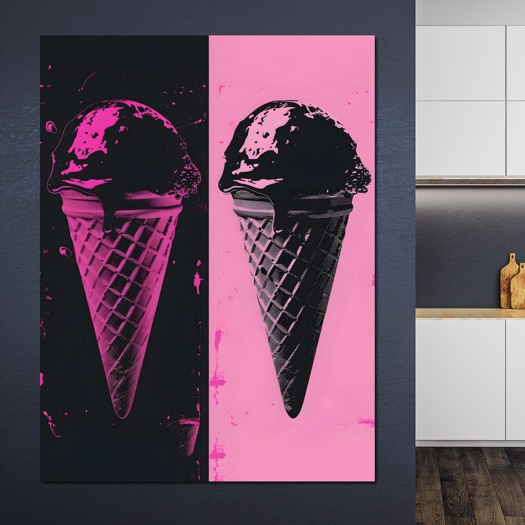 tablou canvas cu doua conuri cu inghetata, redate nuante vibrante de roz si negru