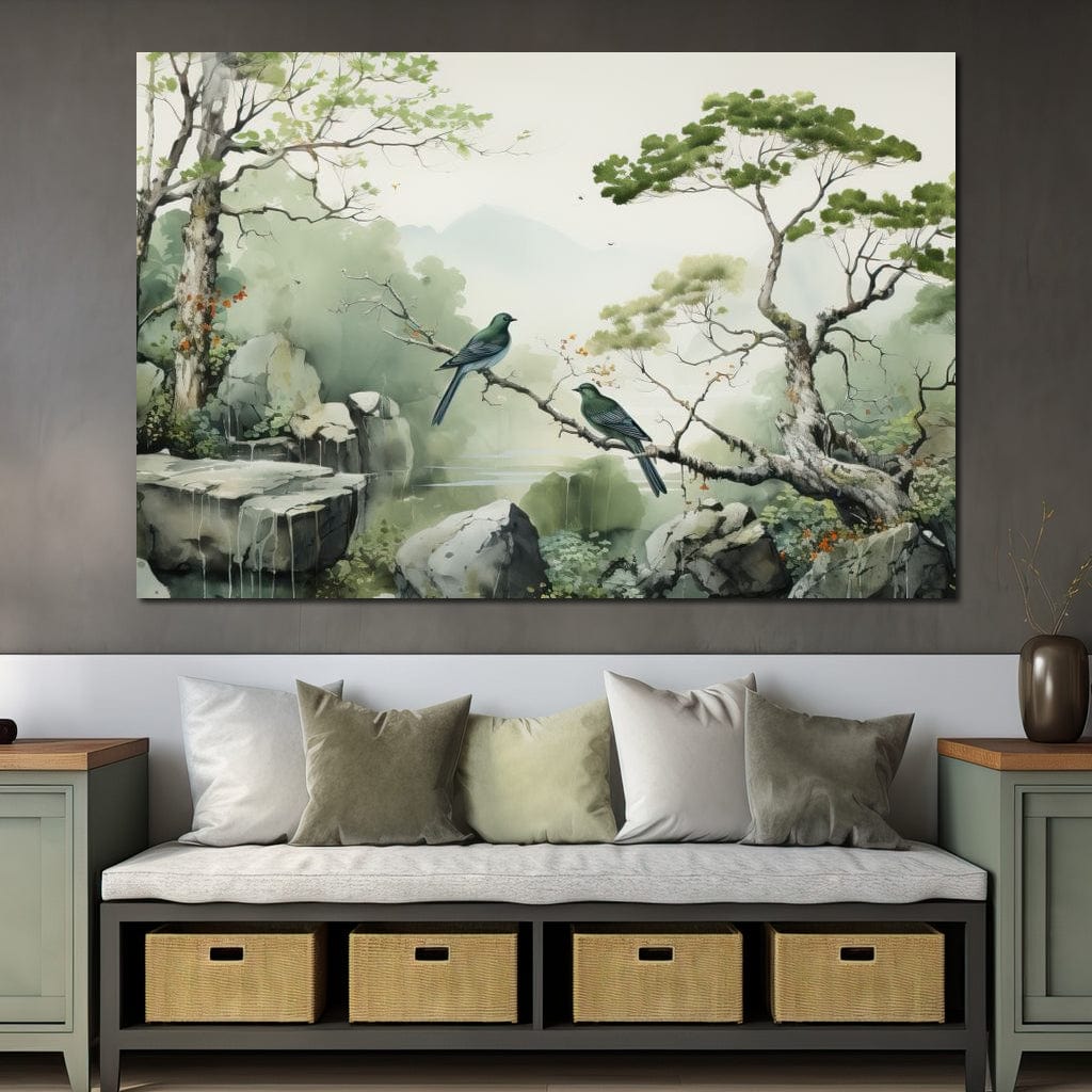 tablou canvas cu doua pasari pe creanga intr-un peisaj cu stanci si copaci, in tonuri verzi si gri