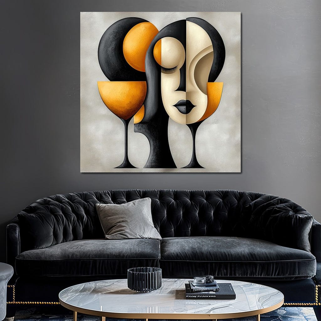 Tablou Canvas Premium, LuxCanva® J1000, Portret In Forme, Abstract, Cubism, Feminism, Pahar, Vin, Aur, Negru, Contur, Dualitate, Reflectii, Living, Dormitor
