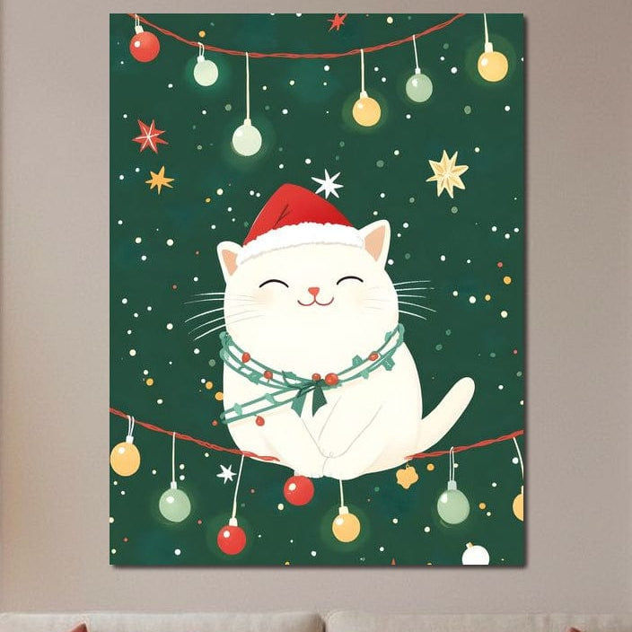 Tablou Canvas Premium, LuxCanva® D1092, Craciunul Pisicii Jucause, Christmas, Globuri, Cadouri, Pisica, Dragalas, Animal, Companie, Verde, Rosu, Bucurie, Straie, Magie, Camera Copil, Living, Dormitor
