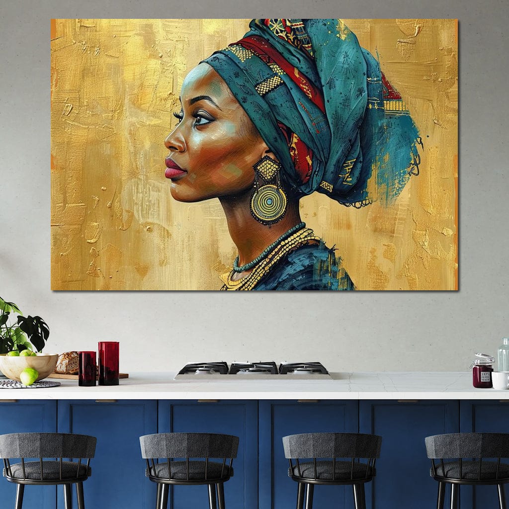 Tablou Canvas Premium, LuxCanva® G1126, Regina din Nisipuri, African, Regal, Turban, Traditie, Cultura, Identitate, Gold, Etnic, Mostenire, Living, Dormitor