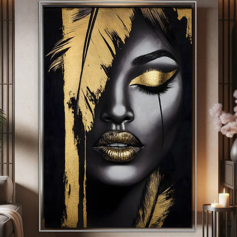 Tablou Canvas Premium, LuxCanva® G1150, Lacrima Unei Zeite, Auriu, Tacere, Liniste, Inger, Pana, Noapte, Intuneric, Frumusete, Regina, Buze, Sarut, Salon, Birou, Living, Dormitor