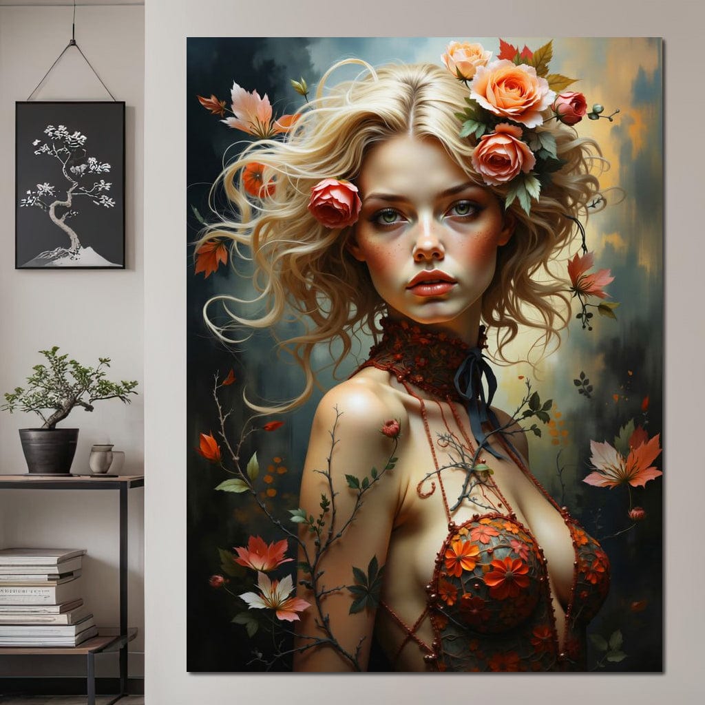 Tablou Canvas Premium, LuxCanva® G1167, Femeia din Padure, Fantastic, Flori, Natura, Romantic, Mistic, Zeita, Boem, Basm, Salbatica, Rochie, Florala, Contopire, Blonda, Birou, Living, Dormitor