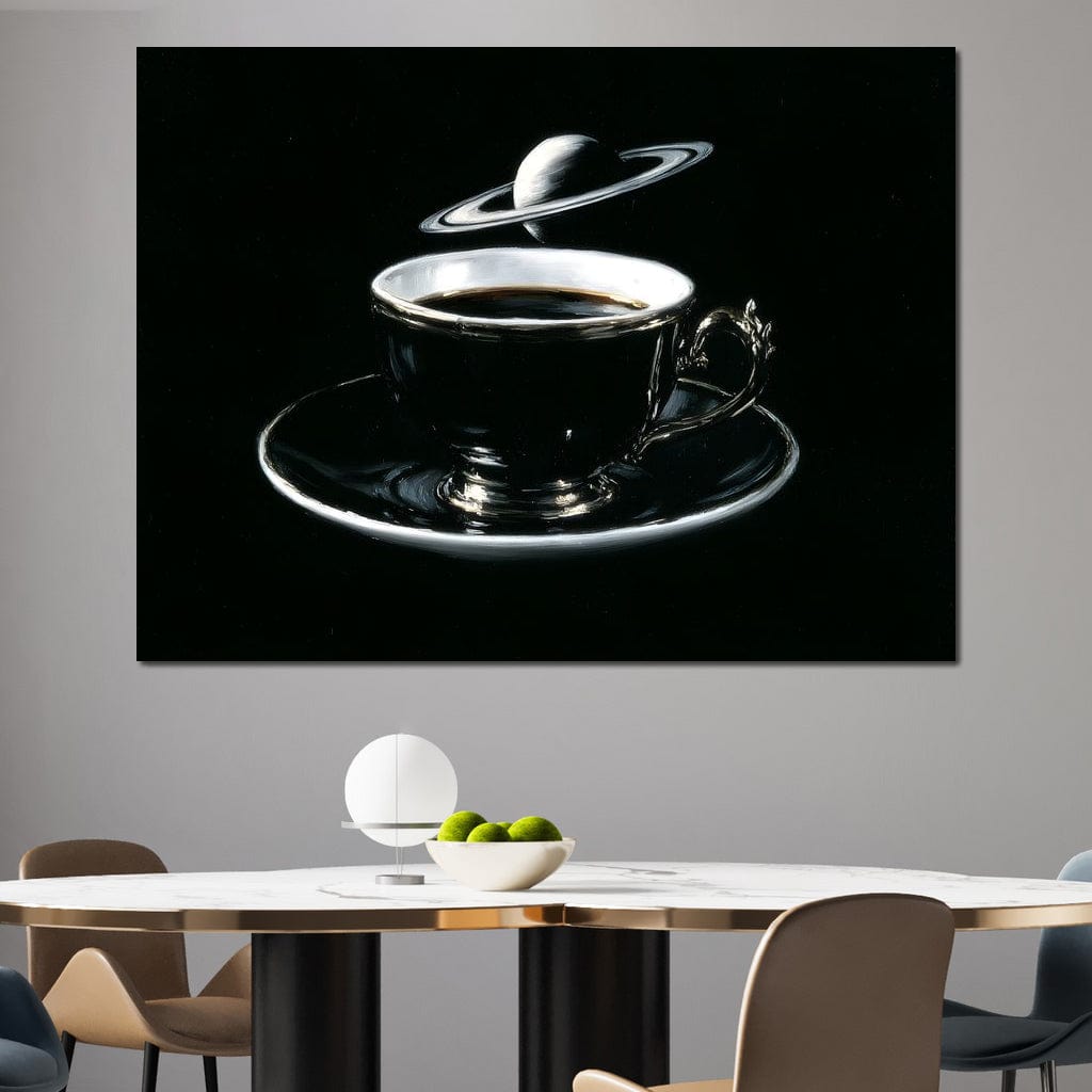 tablou canvas cu o ceasca de cafea neagra in stil vintage, pe fundal negru cu planeta Saturn