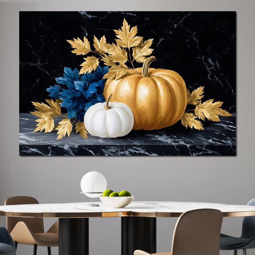 tablou canvas cu un dovleac alb si unul auriu, cu frunze albastre si aurii pe fundal negru tip marmura
