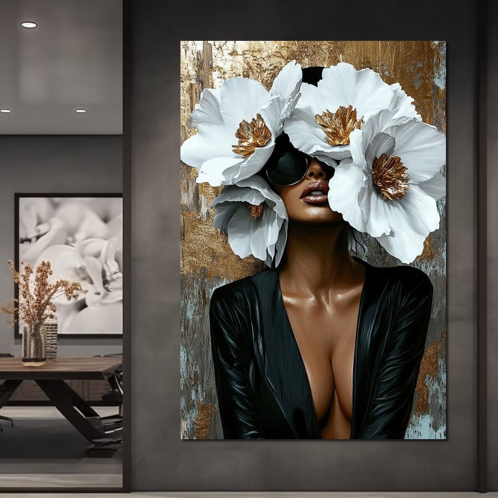 Tablou Canvas Premium, LuxCanva® G1189, Imparateasa Tacuta, Petale, Aur, Ochelari, Piele, Feminitate, Puternica, Lux, Silueta, Tacere, Liniste, Glamour, Artistic, Birou, Living, Dormitor