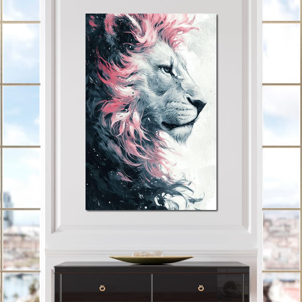 tablou canvas cu un leu surprins din profil, redat in nuante de gri si roz