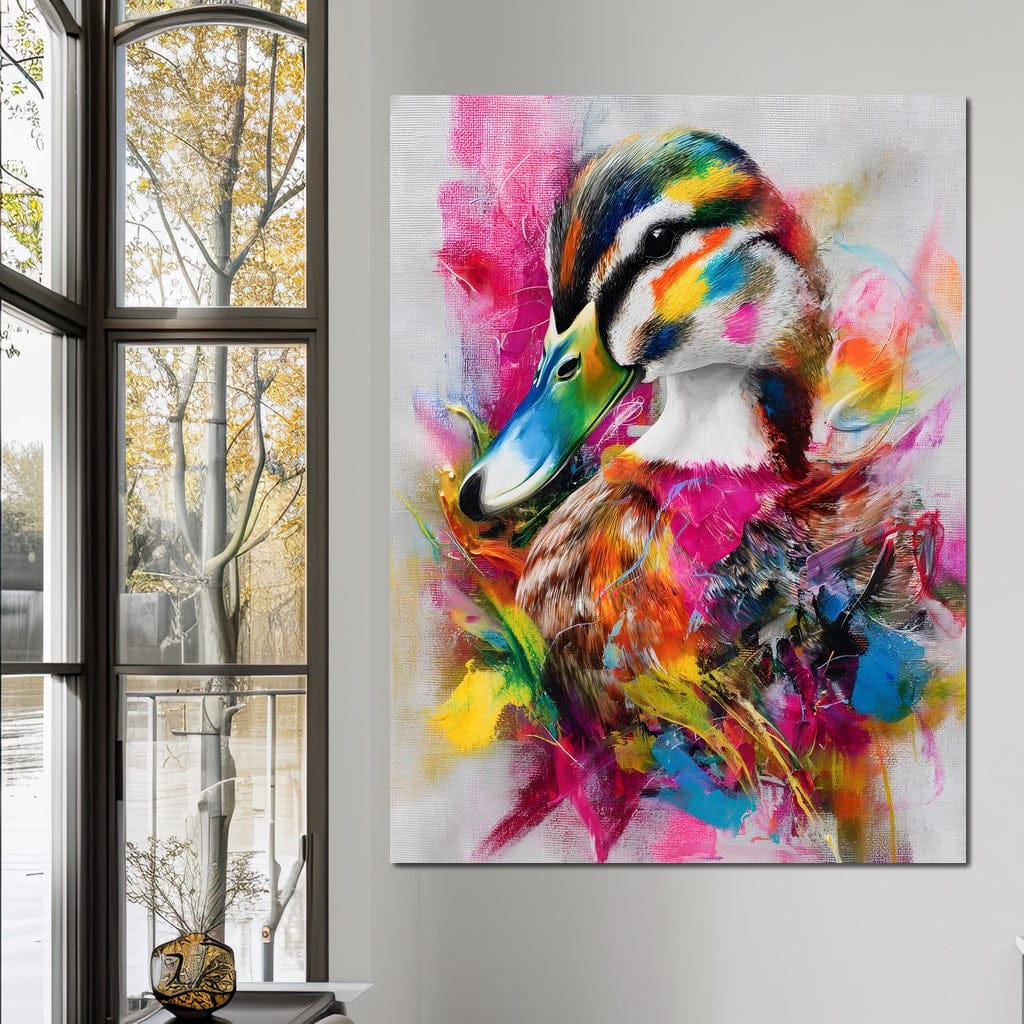 tablou canvas cu o rata cu penaj viu colorat, pe fundal multicolor