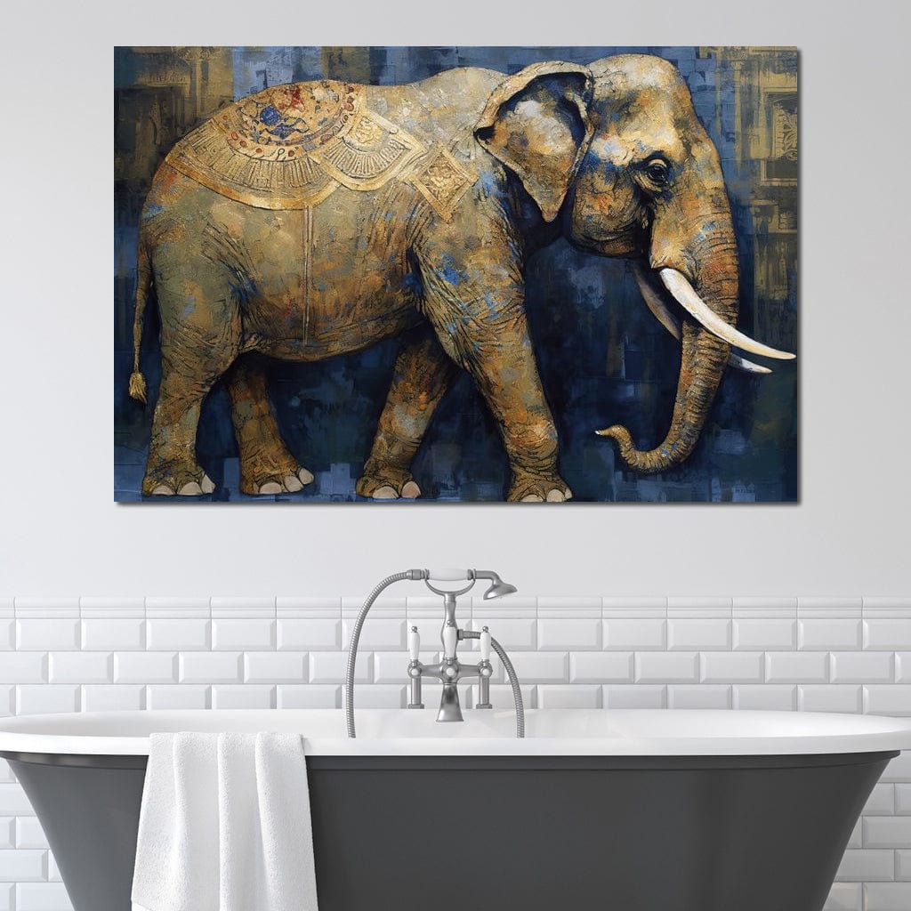 tablou canvas cu un elefant decorat in stil oriental, redat din profil intr-o paleta de tonuri pamantii si albastre, pe funda
