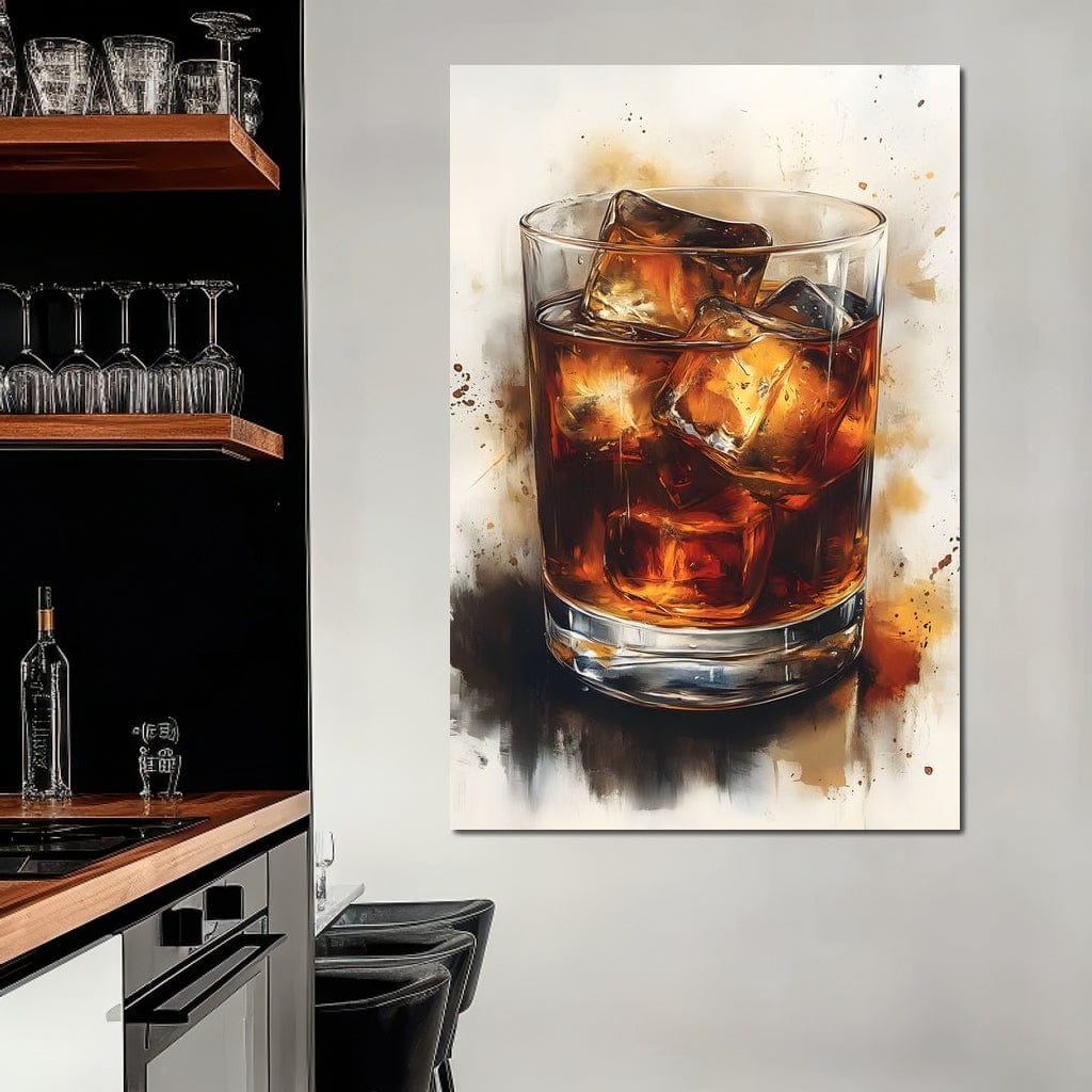 tablou canvas cu un pahar de whiskey cu gheata, pictat in nuante calde pe fundal deschis