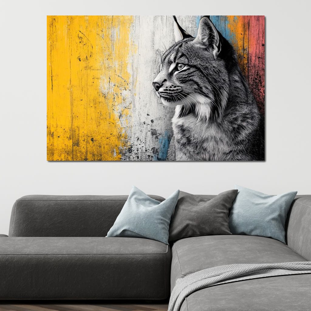 tablou canvas cu o pisica salbatica surprins din profil, in tonuri de gri intens, pe fundal urban din lemn colorat in degrade galben, albastru si rosu