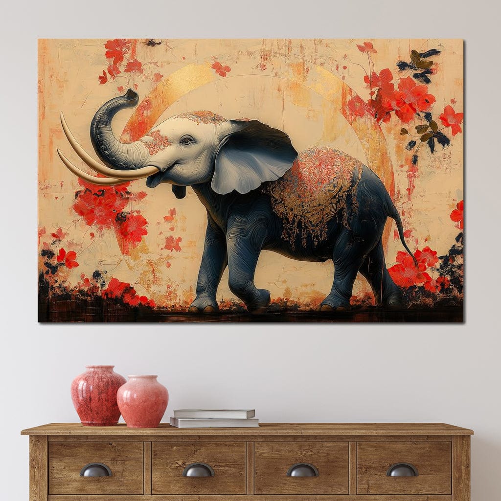 tablou canvas cu un elefant elegant, pictat in tonuri de negru si gri cu accente aurii, pe fundal cald bej-auriu in stil orie