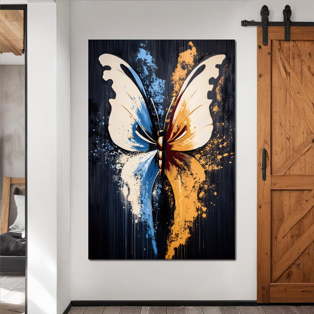 tablou canvas cu un fluture abstract in nuante vibrante de albastru si portocaliu, pe fundal negru texturat cu efecte de stropi