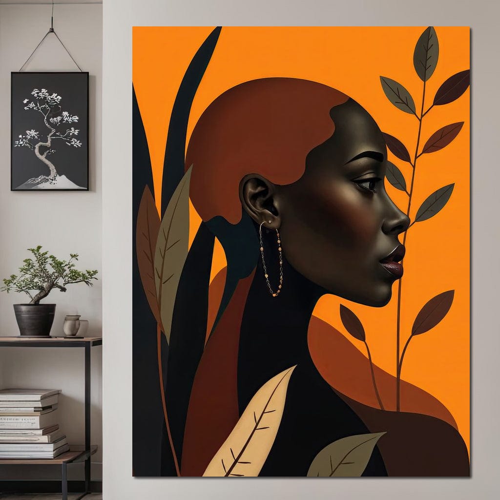 Tablou Canvas Premium, LuxCanva® G1133, Respiratia Frunzelor, Lumina, Pamant, Aur, Umbra, Frunze, Natura, Femeie, Eleganta, Feminitate, Cercei, Profil, Afro, Birou, Living