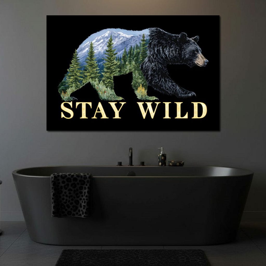 tablou canvas cu silueta unui urs, cuprinsa de un peisaj montan cu brazi si un text motivational, pe fundal negru