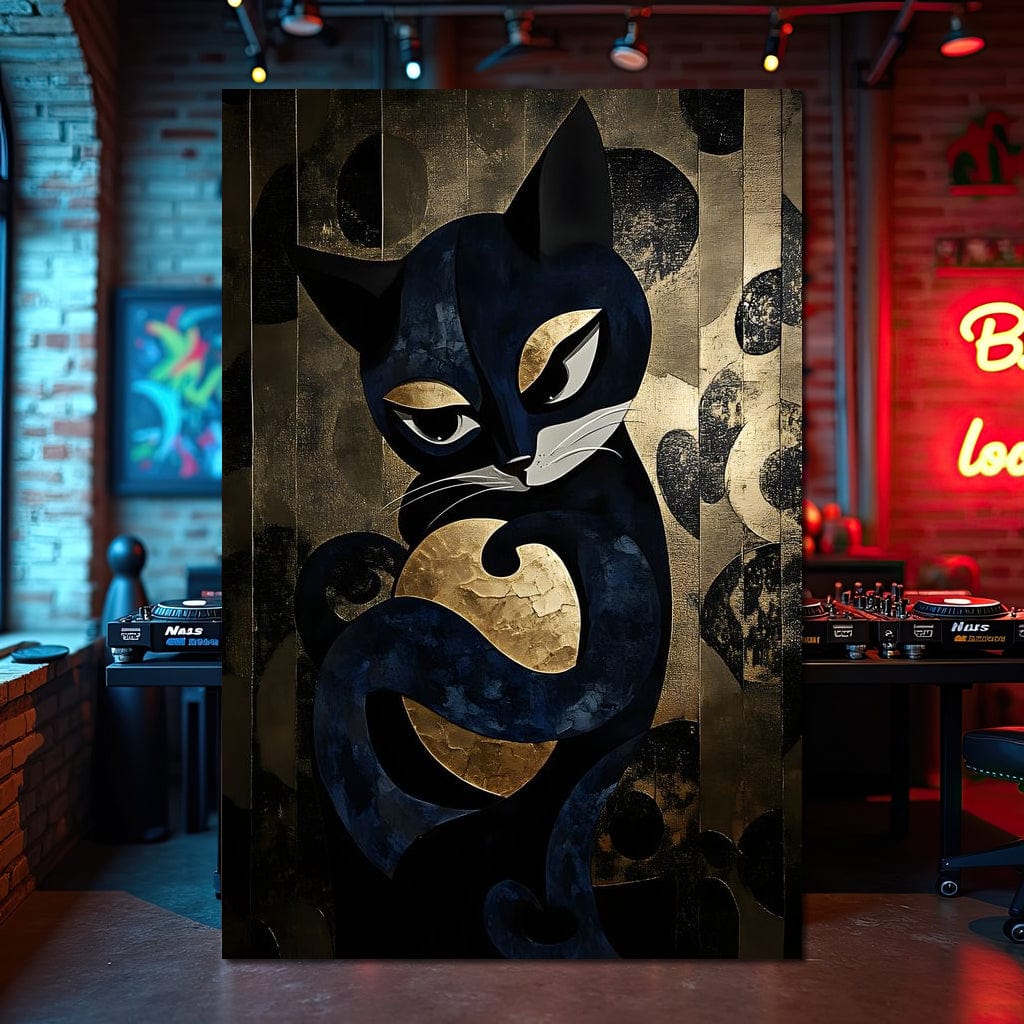 tablou canvas cu o pisica stilizata in tonuri de albastru si auriu, pe fundal texturat metalic cu forme circulare si linii