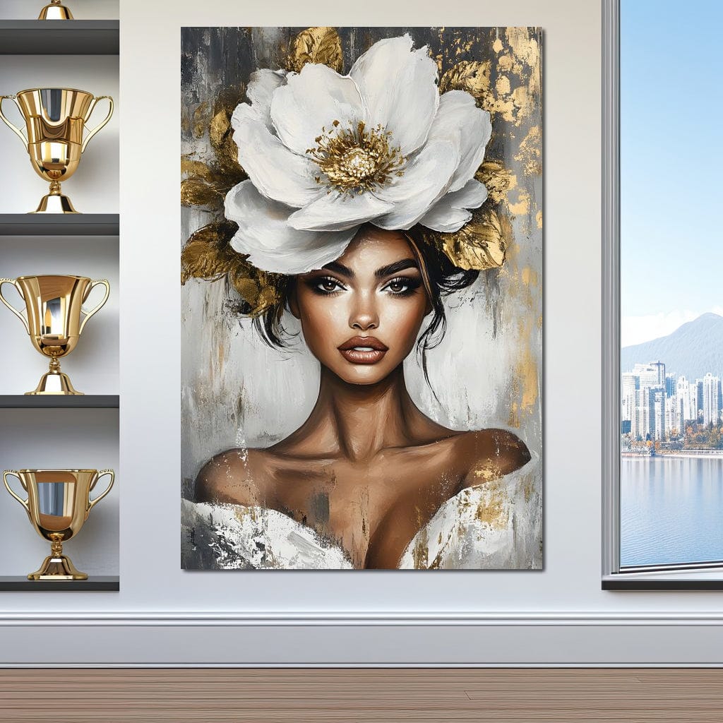 Tablou Canvas Premium, LuxCanva® G1142, Zeita Primaverii Eterne, Regina, Flori, Noblete, Aur, Puritate, Atemporal, Gratie, Aura, Senzualitate, Delicatete, Birou, Living