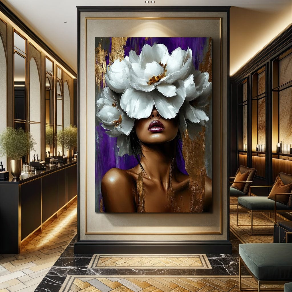 Tablou Canvas Premium, LuxCanva® G1187, Petale in Amurg Violet, Aur, Alb, Mov, Petale, Corola, Regina, Imperial, Tacere, Imaculat, Luxuriant, Eteric, Frumusete, Vis, Birou, Living, Dormitor