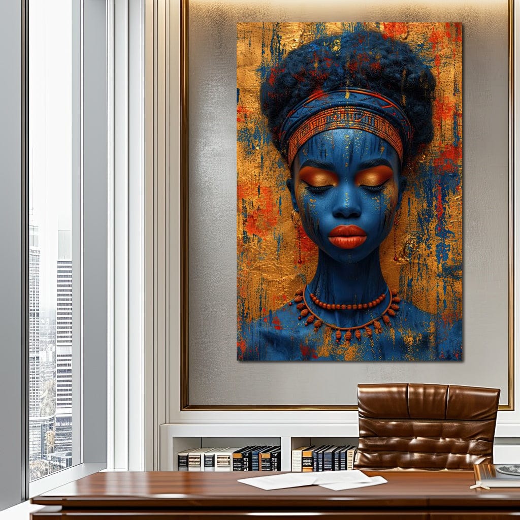 Tablou Canvas Premium LuxCanva® G1013, Frumusete Etnica , Albastru, Aur, Azur, Tribal, Feminism, Printesa, Living, Dormitor, Culori vibrante