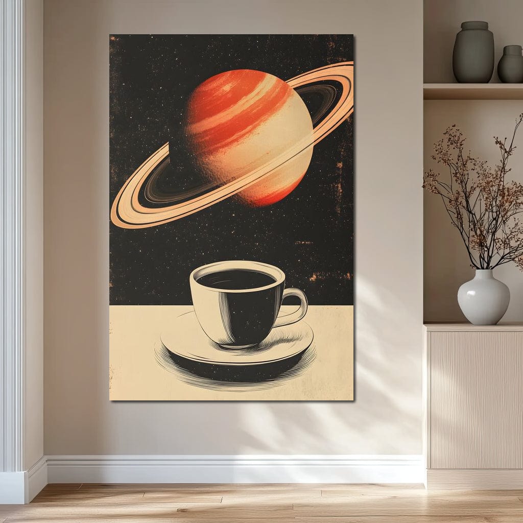 tablou canvas cu o ceasca alba cu cafea, pe fundal cosmic cu planeta Saturn inconjurata de stele