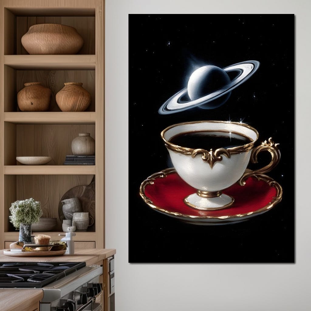 tablou canvas cu o ceasca cu cafea alba cu auriu, pe o farfurie rosie, pe fundal negru instelat si planeta Saturn