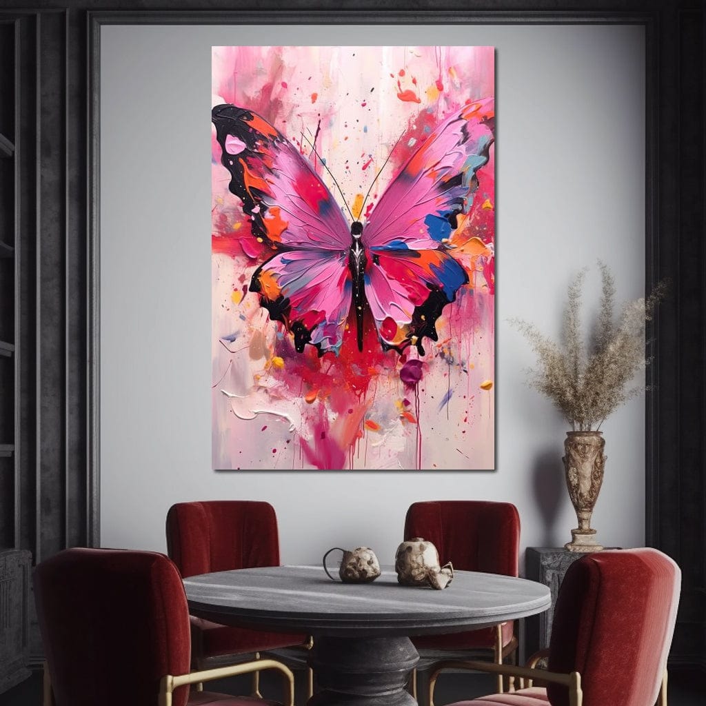 tablou canvas cu un fluture mare si roz, pe fundal abstract stil pictura in stropi de culoare