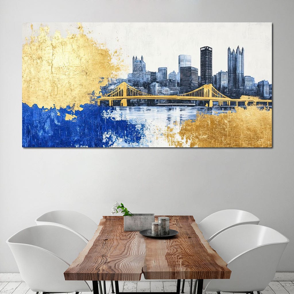 Tablou Canvas Premium, LuxCanva® O1030, Puntea dintre Cer si Apa, Pod, Gold, Auriu, Albastru, Armonie, Ecou, Oras, Umbre, Plutire, Structuri, Calator, Fericire, Motivatie, Birou, Living, Dormitor