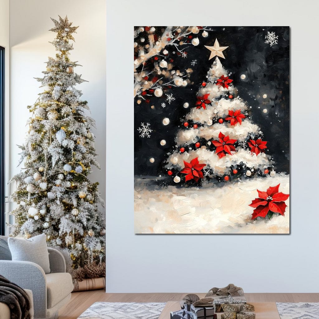 Tablou Canvas Premium LuxCanva® D1056, Bradul din Noaptea Magica , Craciun, Luminite, Brad, Instalatie, Alb, Poinsettia, Living, Culori vibrante