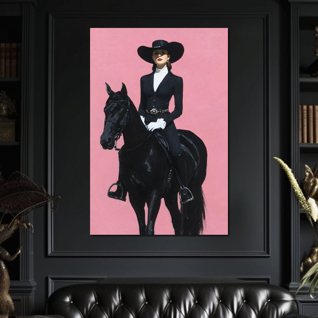 tablou canvas cu o femeie imbracata elegant, pe un cal negru, pe fundal roz pastelat