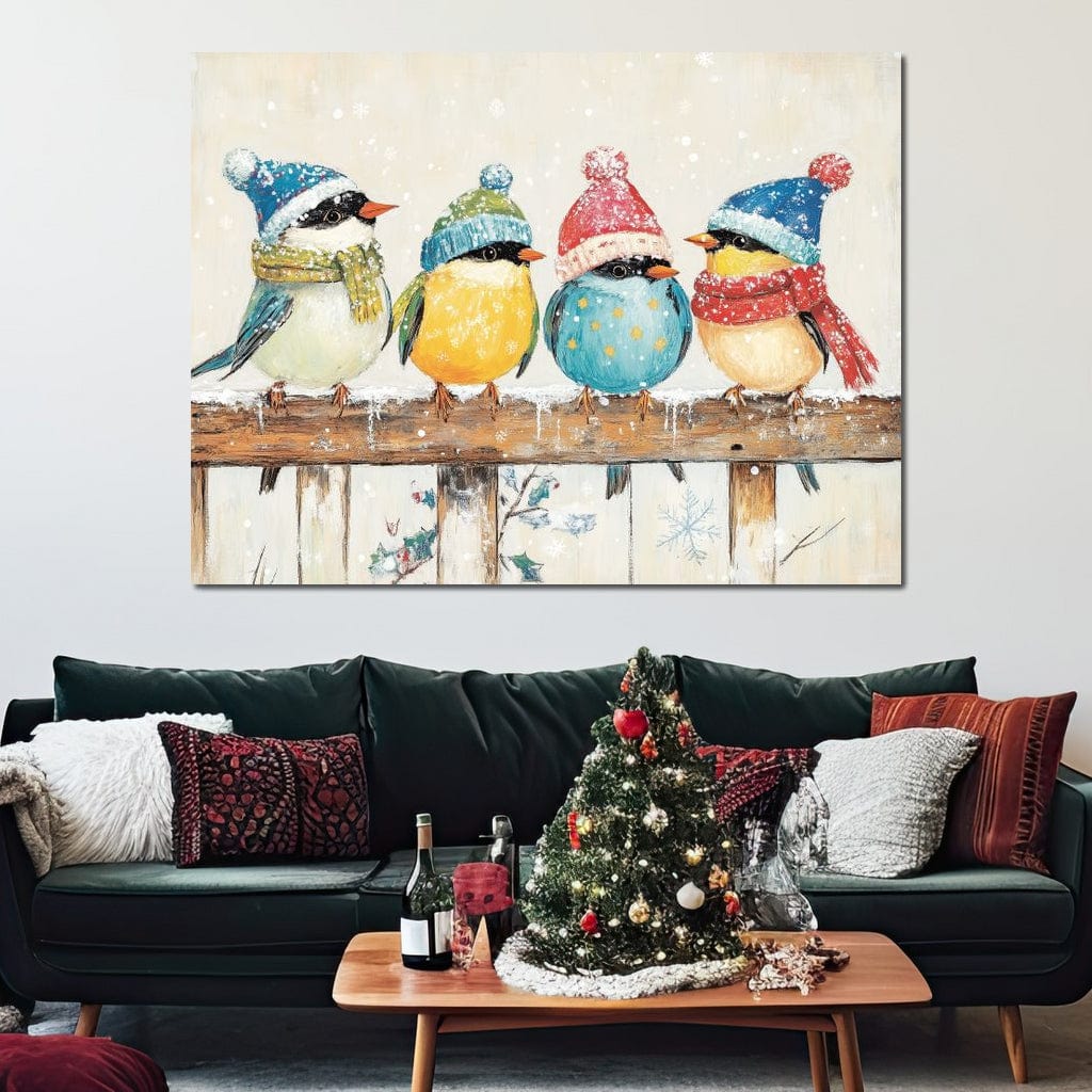 Tablou Canvas Premium LuxCanva® D1045, Moda Iernii pentru Inaripati , Vrabiute, Iarna, Prieteni, Zapada, Discutii, Living Room, Culori vibrante