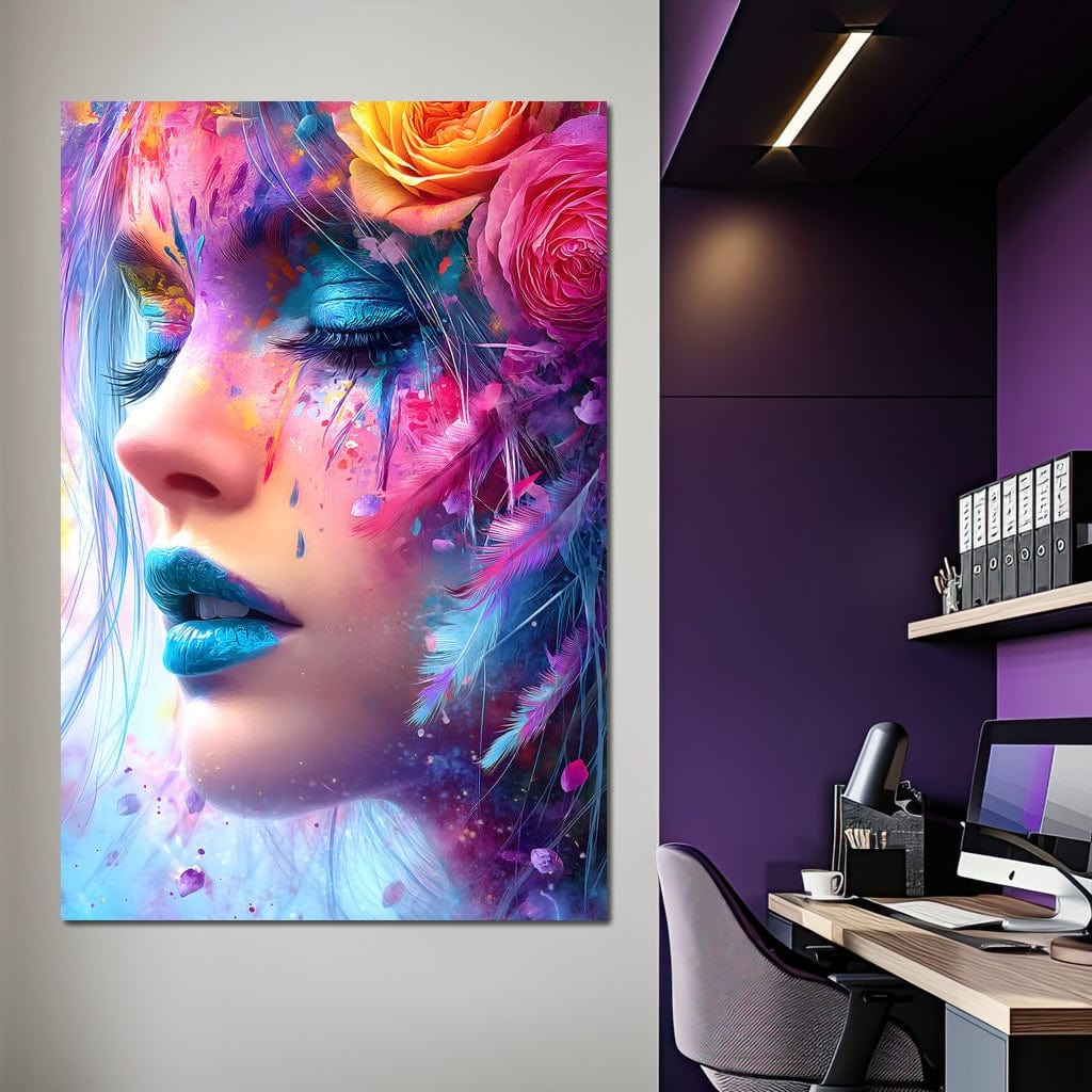 Tablou Canvas Premium, LuxCanva® G1164, Fantezie Florala, Cromatic, Culori, Vis, Explozie, Emotii, Floral, Pleoape, Albastre, Pene, Machiaj, Par, Artistic, Salon, Birou, Living, Dormitor