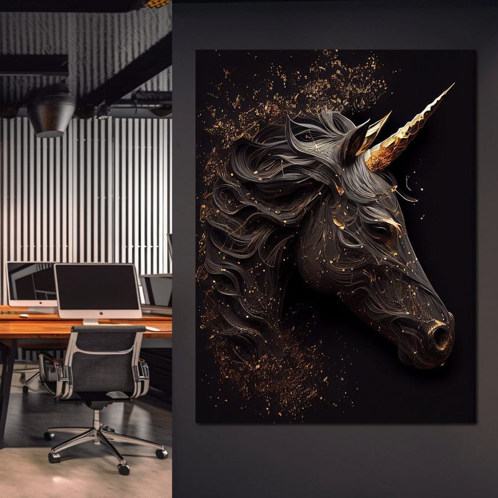 tablou canvas cu un unicorn negru surprins din profil, pe fundal intunecat cu accente aurii