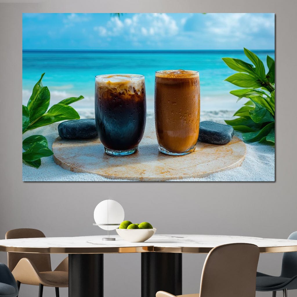 tablou canvas cu doua pahare cu cafea rece, pe fundal exotic de vacanta cu plaja si ocean