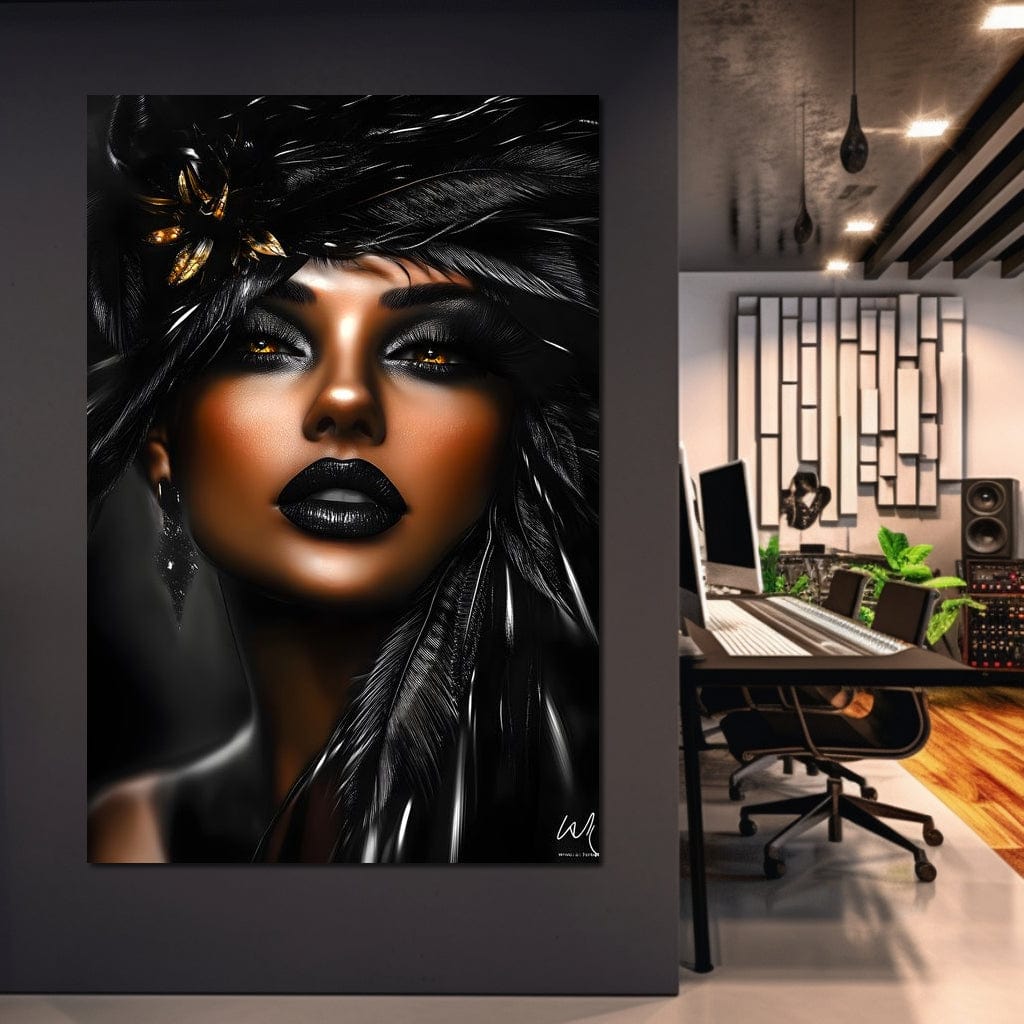 Tablou Canvas Premium, LuxCanva® G1183, Diamantul Negru, Lux, Intunecat, Pene, Negru, Machiaj, Dramatic, Buze, Aur, Arta, Rafinament, Atmosfera, Cinematic, Birou, Living, Dormitor