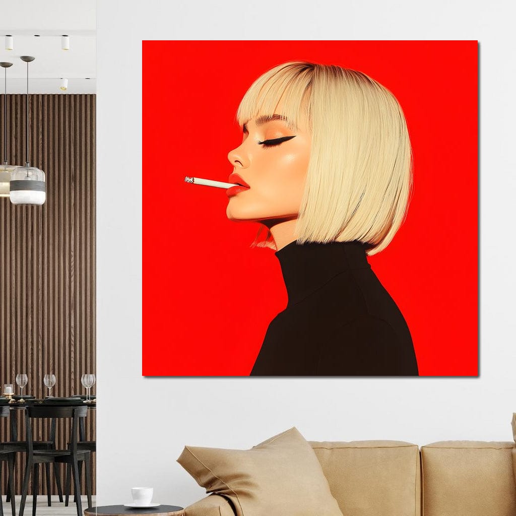 Tablou Canvas Premium, LuxCanva® G1217, Femeia Fatala, Atitudine, Rosu, Tigara, Rebela, Seductie, Fum, Iconic, Foc, Independenta, Chip, Rebeliune, Pasiune, Taina, Blonda, Salon, Birou, Living, Dormitor