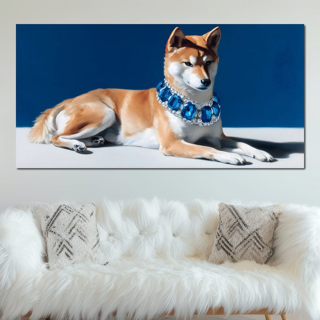 tablou canvas cu un caine shiba elegant, intr-o postura relaxanta purtand un colier cu pietre albastre, pe fundal minimalist 