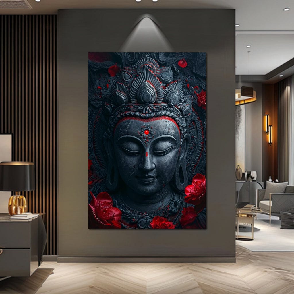 Tablou Canvas Premium LuxCanva® I132, Flori de Intelepciune, Buddha, Zen, Spiritualitate, Echilibru, Profunzime, Energie, Flori, Coroana, Noapte, Rosu, Living, Dormitor