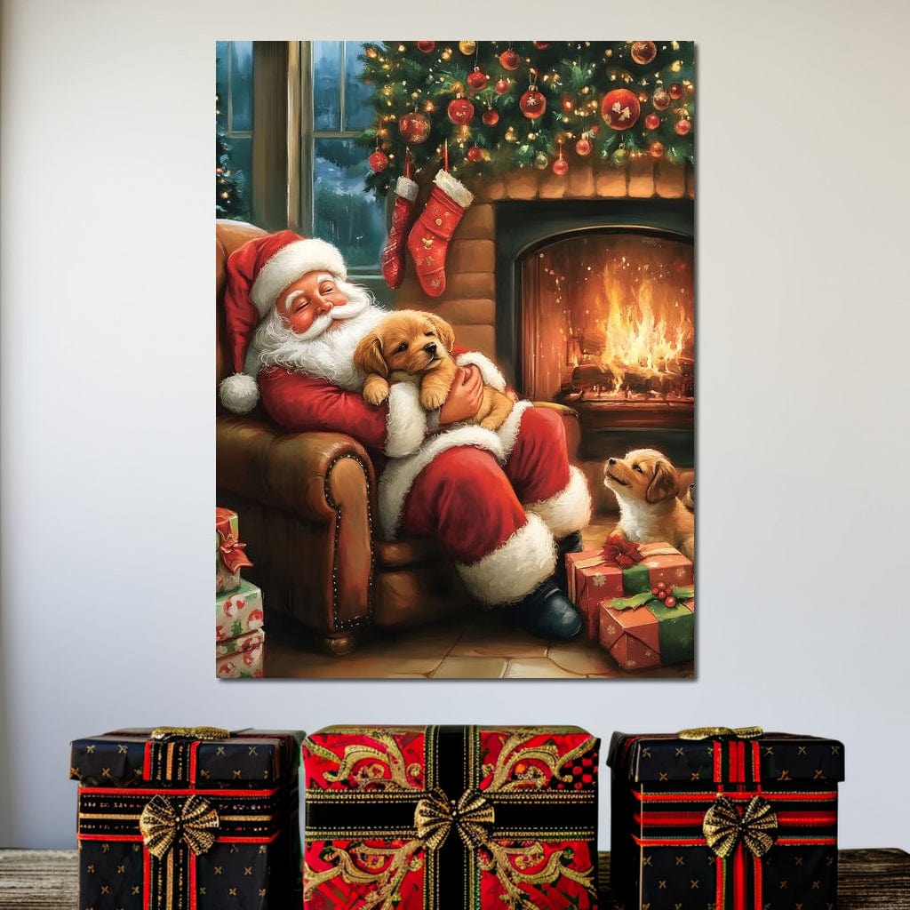 Tablou Canvas Premium, LuxCanva® D1108, Craciunul Perfect, Iarna, Craciun, Catelusi, Blanos, Brad, Mos Craciun, Foc, Semineu, Caldura, Fotoliu, Asteptare, Vis, Bucurie, Living, Dormitor